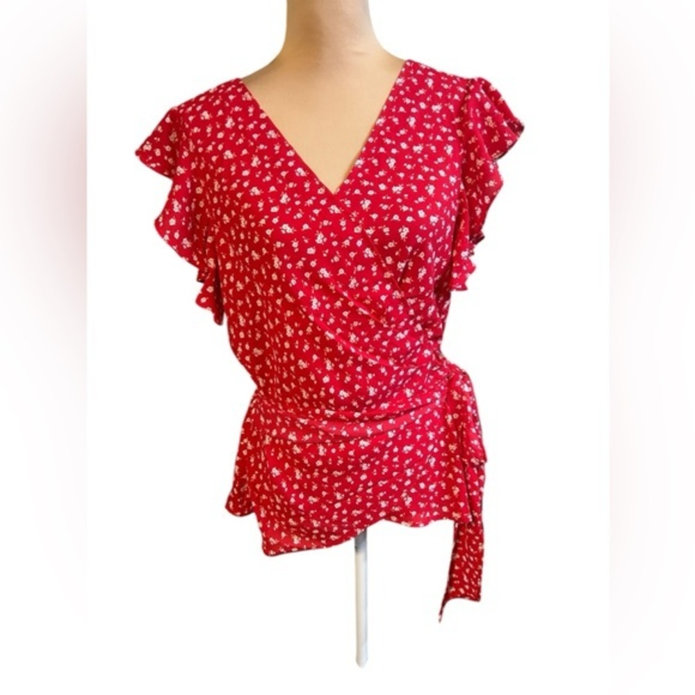 Max Studio NWT Women’s Red Floral Peplum Faux Wrap Top Large